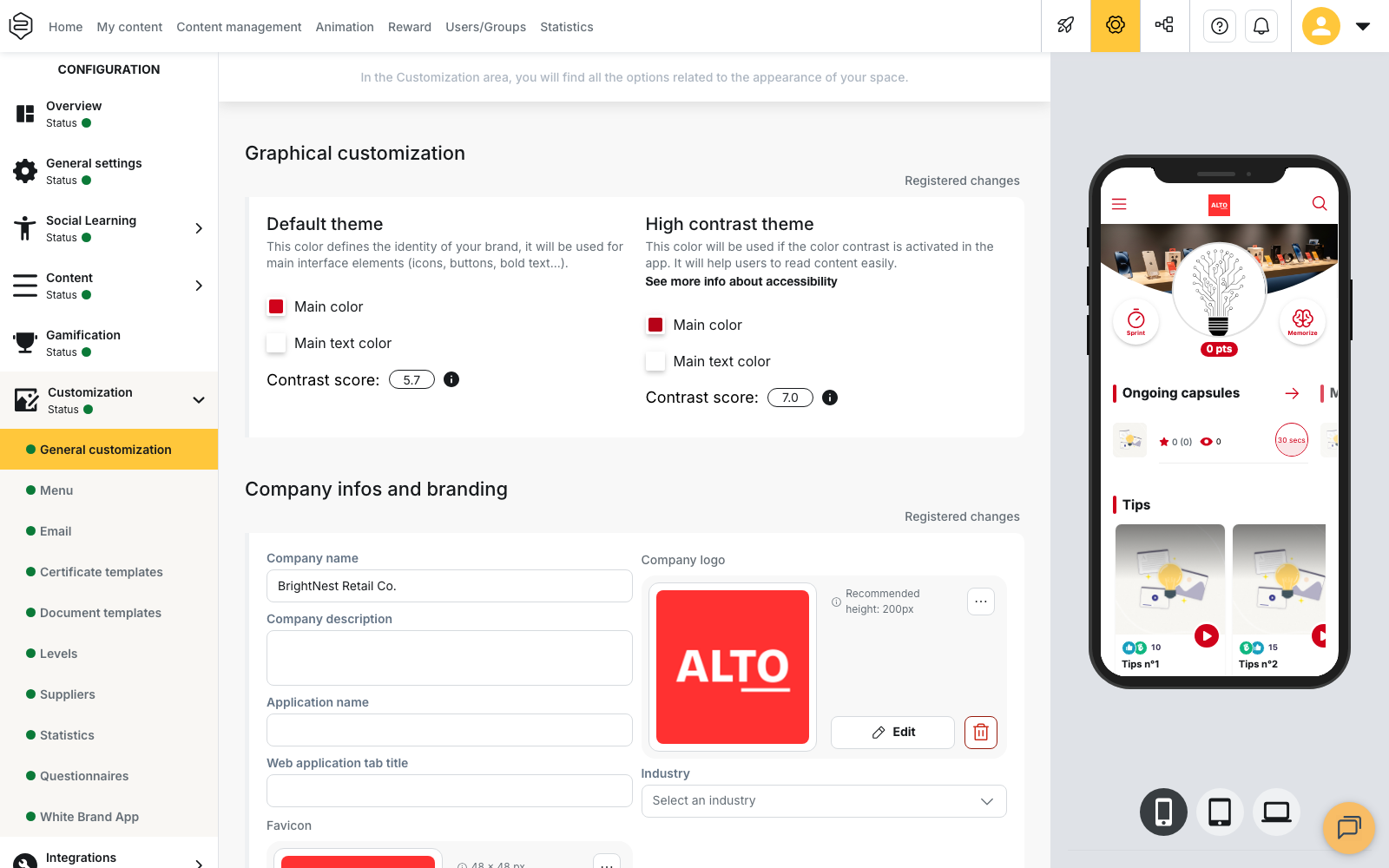 The Graphical customization block in the back-office, showing the Default theme and High contrast theme side by side with their contrast scores