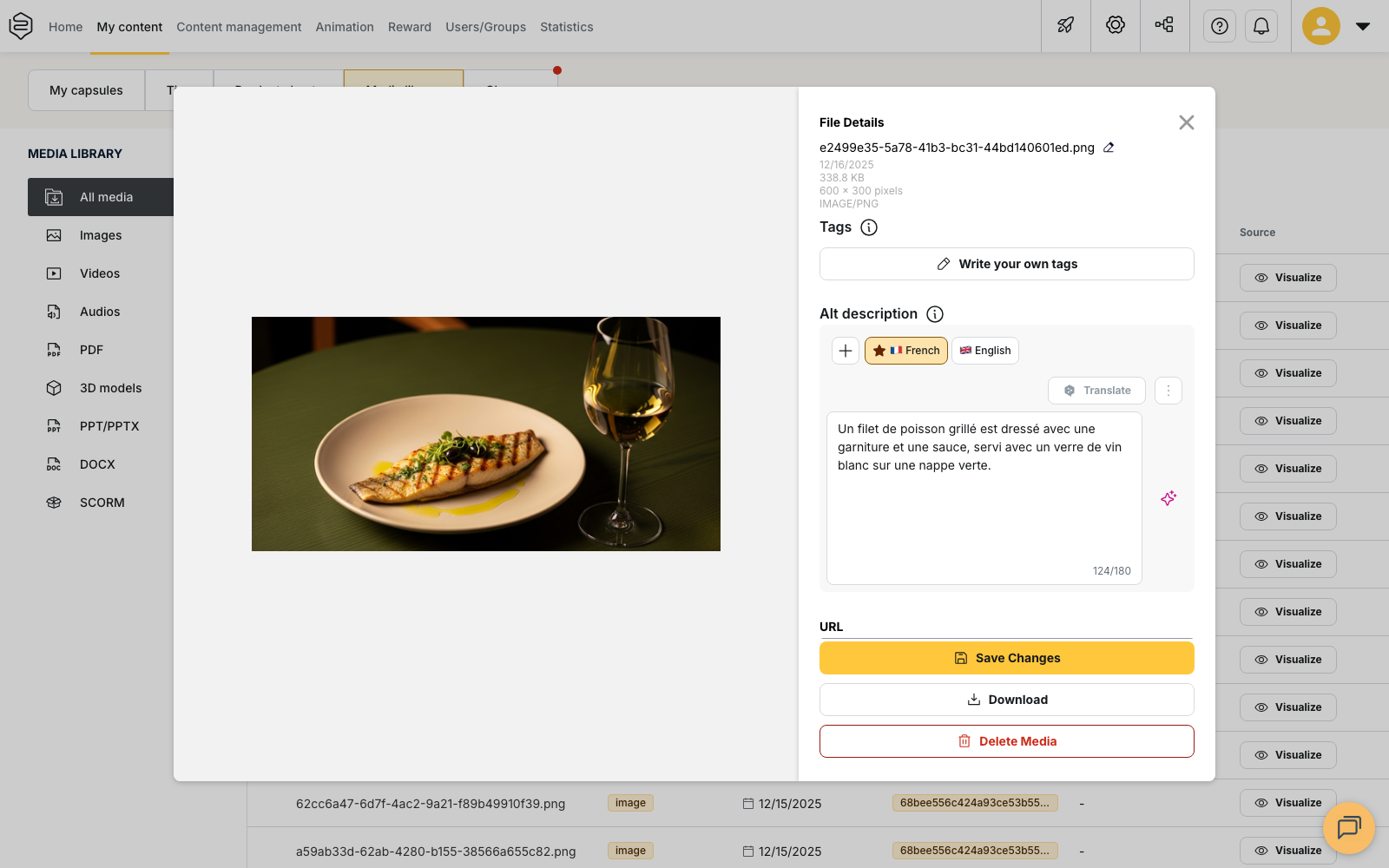 The media record of an image in the back-office, with the Alt description field, its language tabs and its 180-character counter