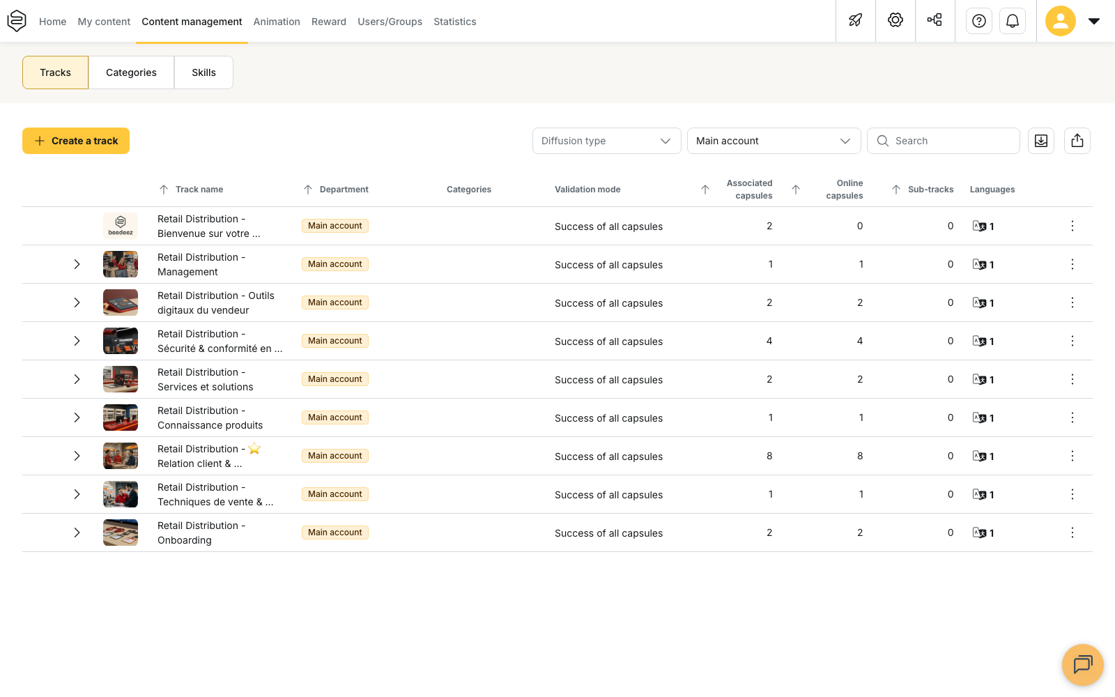The Content management tab, on the Tracks list