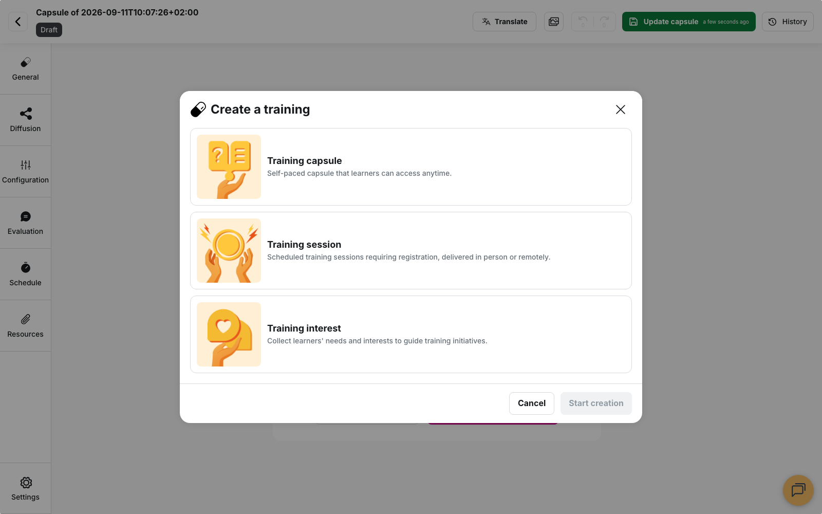 The Create a training modal and its three types