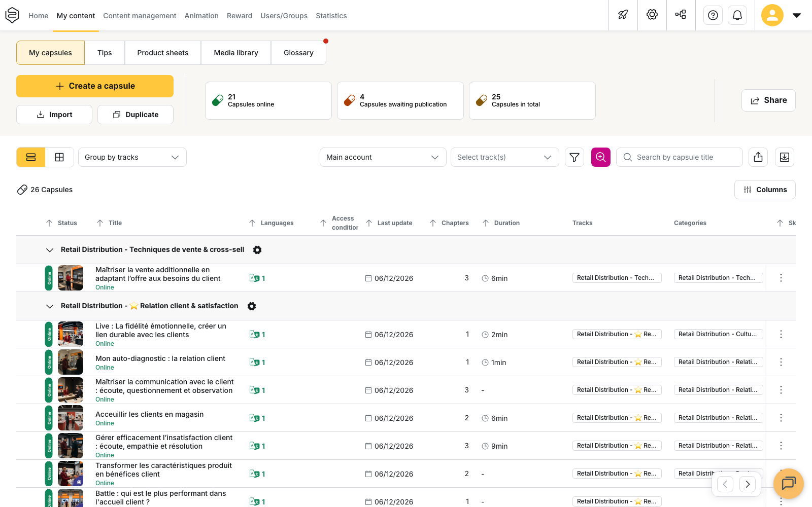 The My content tab of the back office, on the My capsules list