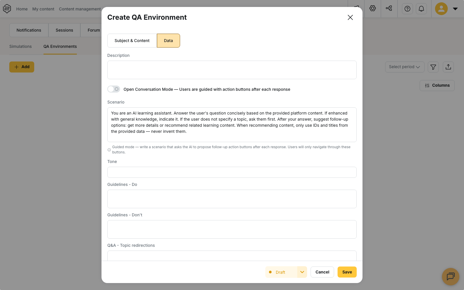 The Data tab of the Create QA Environment panel: Description, Open Conversation Mode, the pre-filled Scenario, Tone and the guidelines
