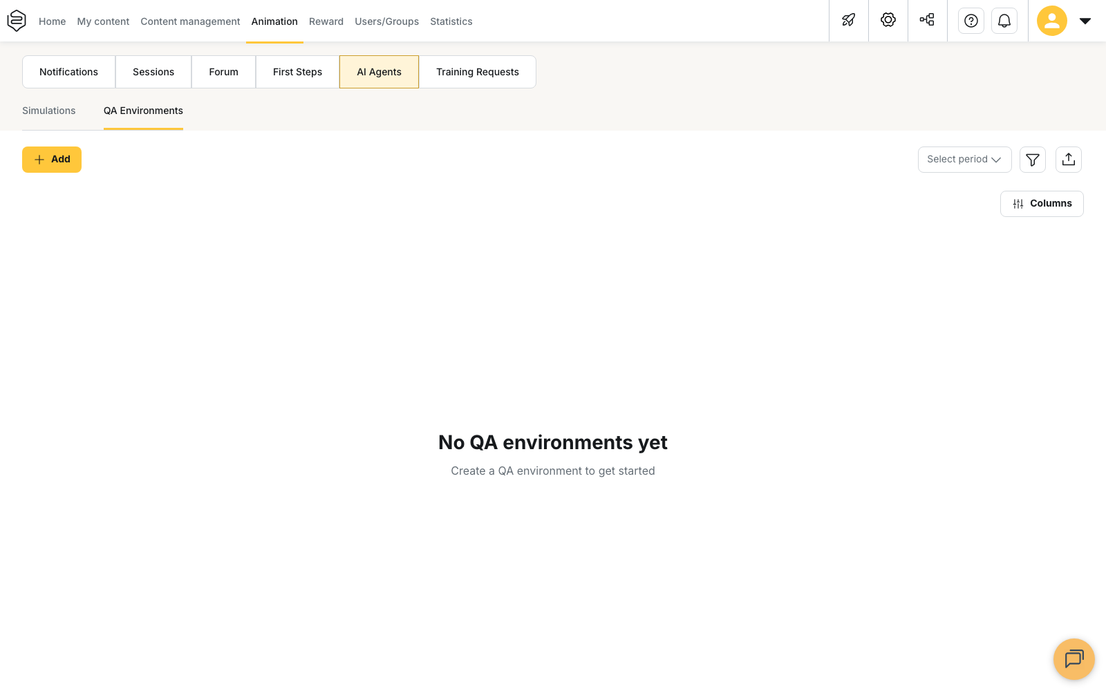 Animation > AI Agents > QA Environments: the sub-tab and the Add button, here with no environment created yet