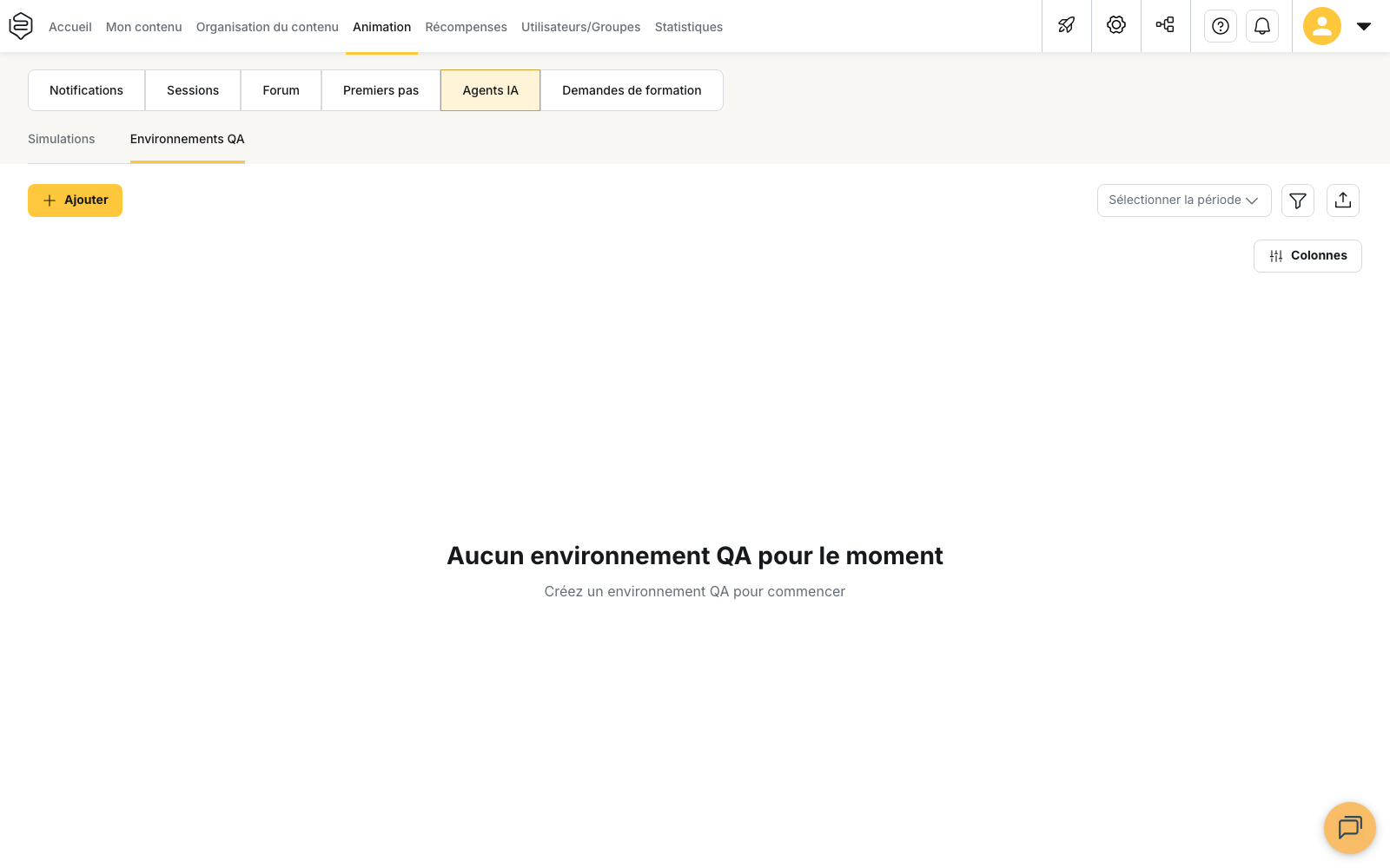 Animation > Agents IA > Environnements QR : le sous-onglet et le bouton Ajouter, ici sans aucun environnement créé