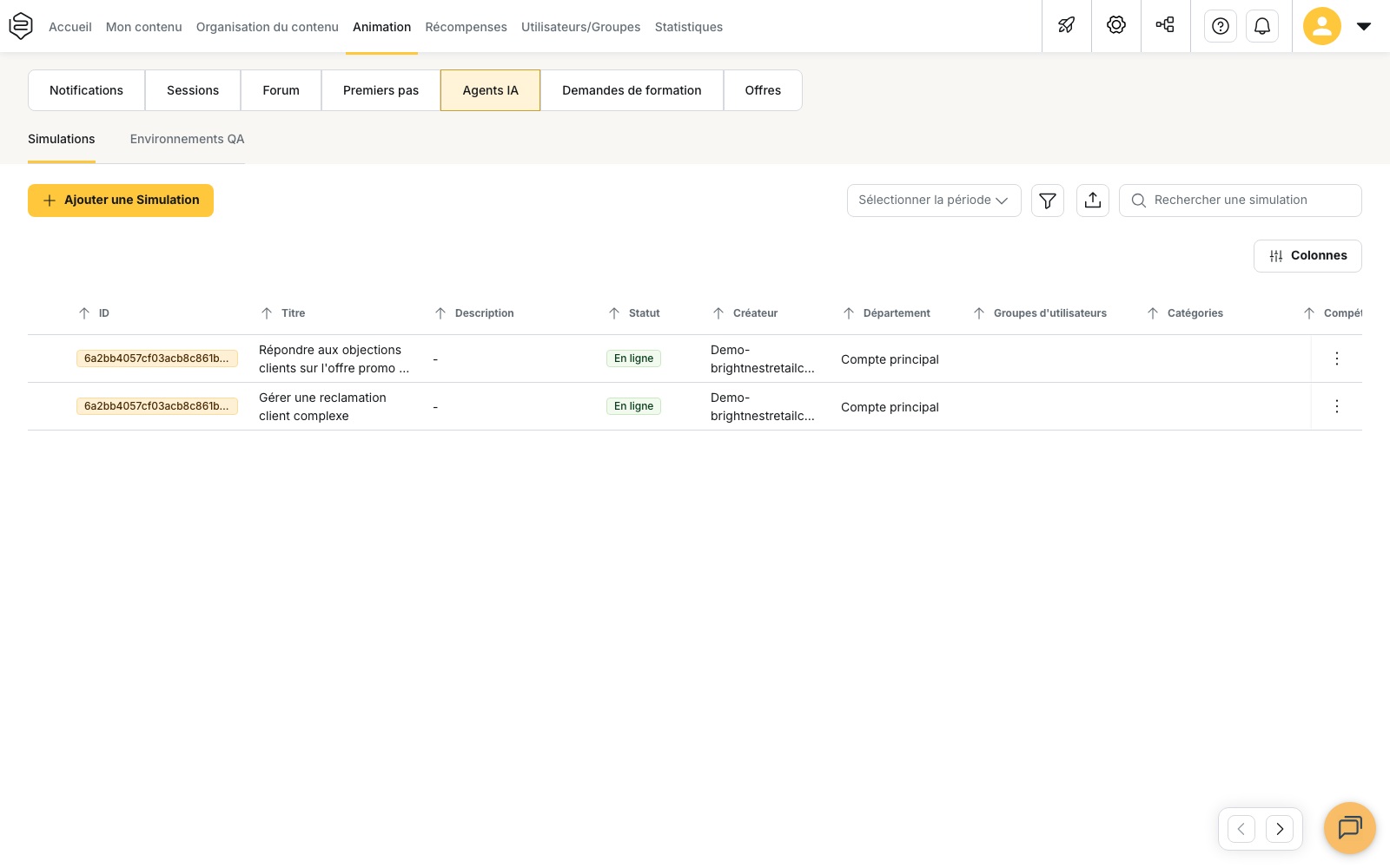 Animation › Agents IA : la liste des simulations, avec leur statut et leur créateur