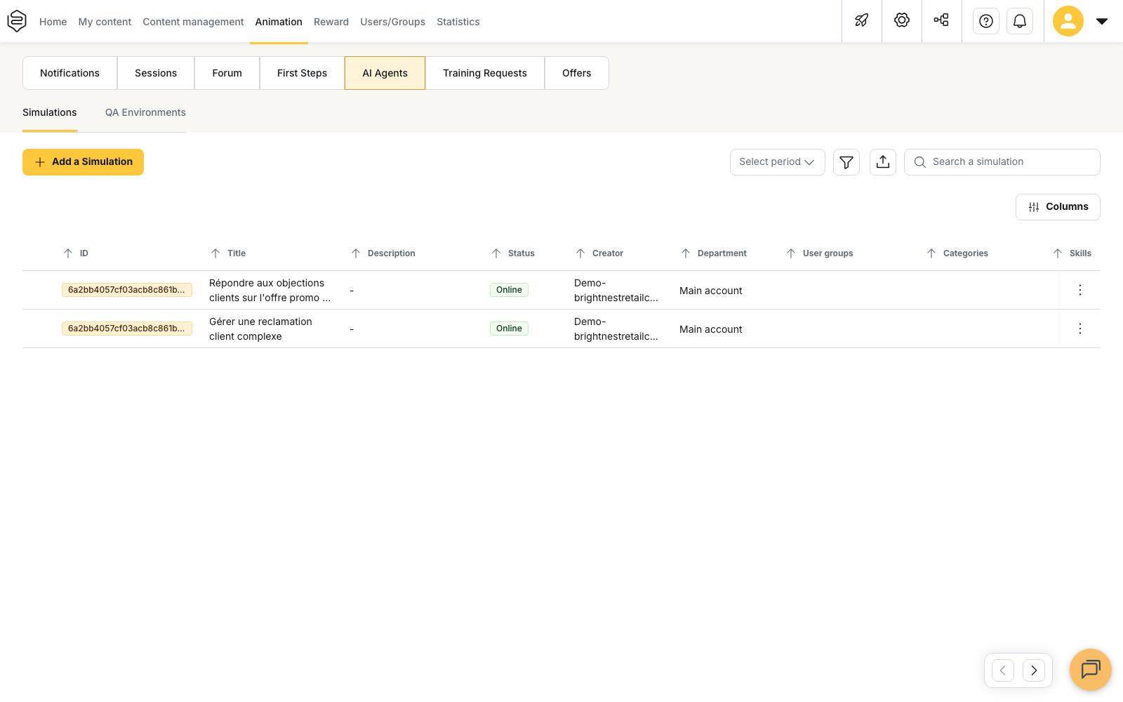 Animation › AI Agents: the simulation list, with status and creator