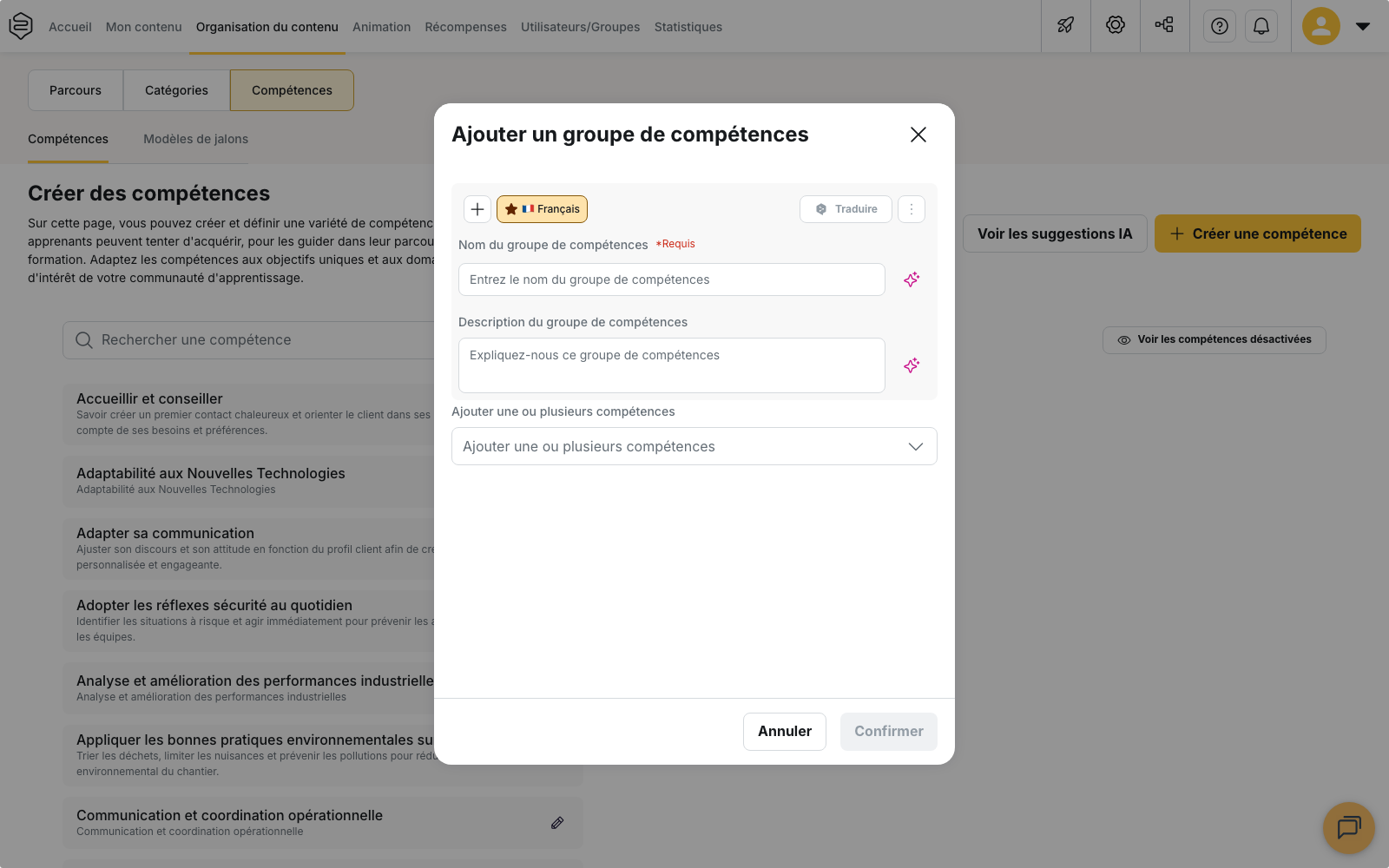 La fenêtre « Ajouter un groupe de compétences » : le nom, la description et le sélecteur de compétences