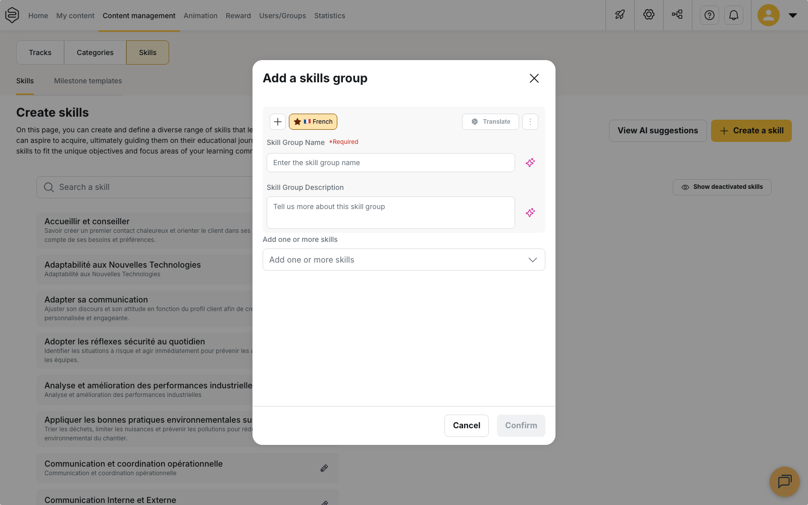 The Add a skills group window: the name, the description and the skills selector