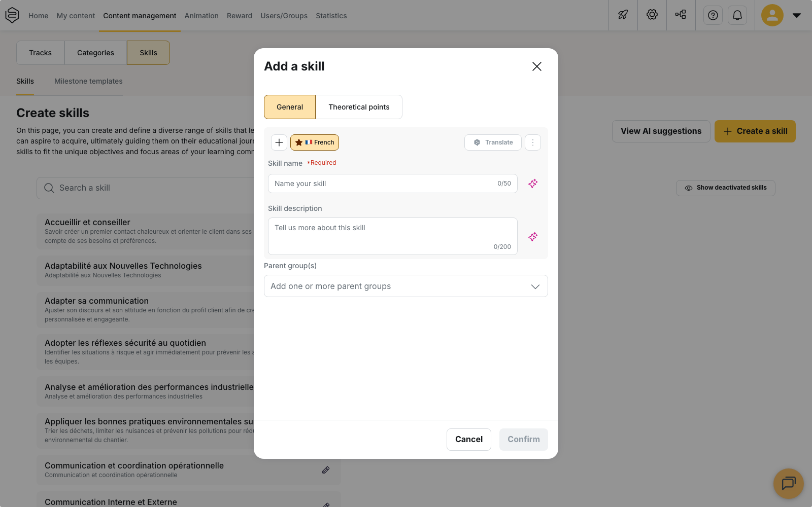 The Add a skill window, General tab: the name, the description and the parent groups