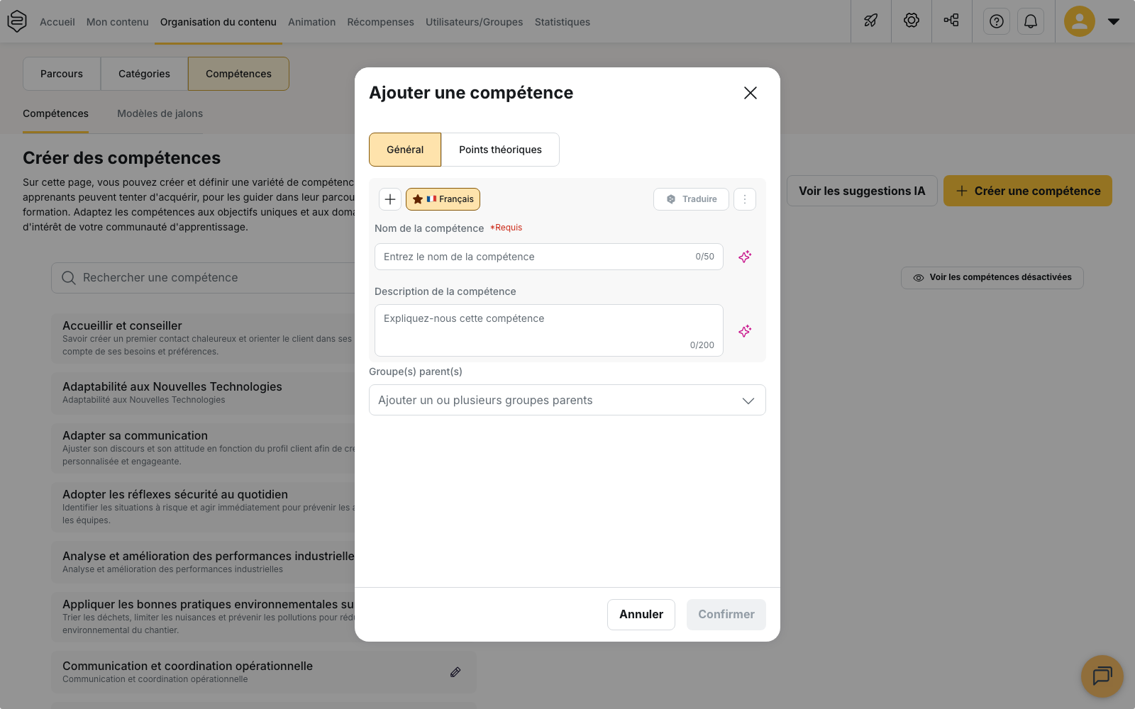 La fenêtre « Ajouter une compétence », onglet « Général » : le nom, la description et les groupes parents