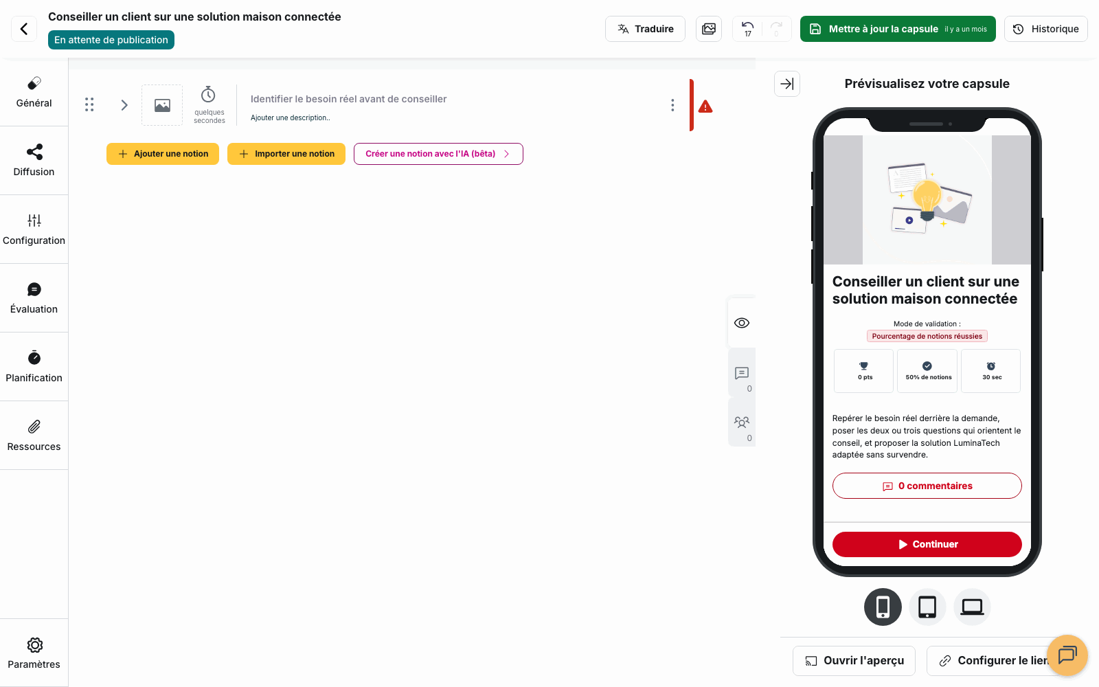 Éditeur de capsule : dépliage de la notion, ouverture du bloc Contenu, ajout d’une fiche puis choix du format SCORM Offline