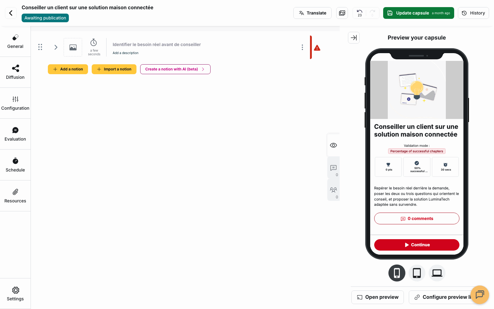 In the capsule editor: expanding a notion, opening a card and selecting the SCORM Offline format