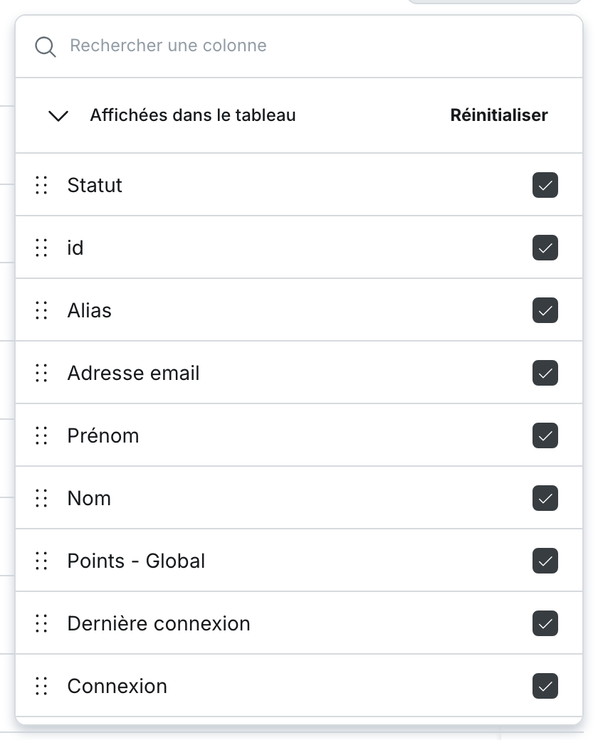 Utilisateurs/Groupes > Liste des utilisateurs, bouton « Colonnes » : le sélecteur, sa recherche, « Réinitialiser », et la poignée de réordonnancement devant chaque colonne