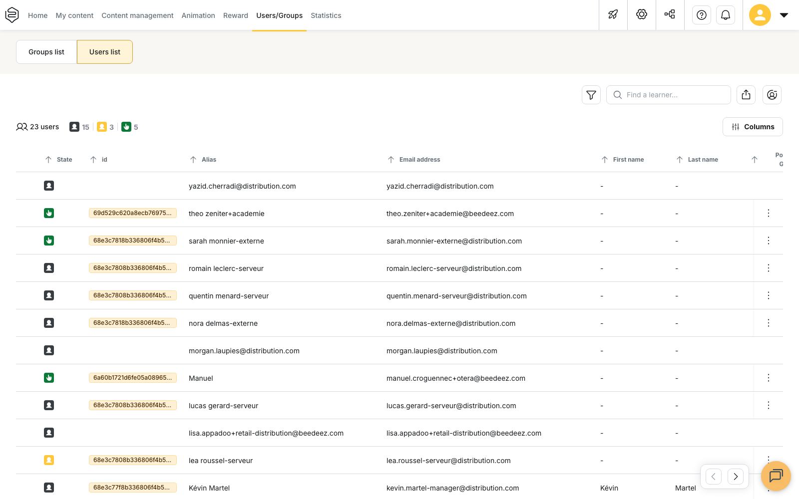 Users/Groups › Users list, with status, id, alias and email address