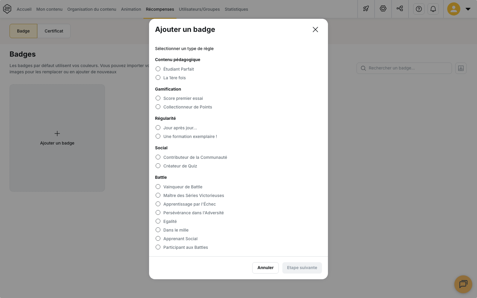 La fenêtre de sélection du type de règle d'un badge
