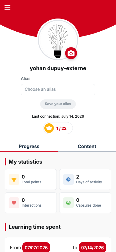 L'onglet Progrès du profil apprenant sur la plateforme