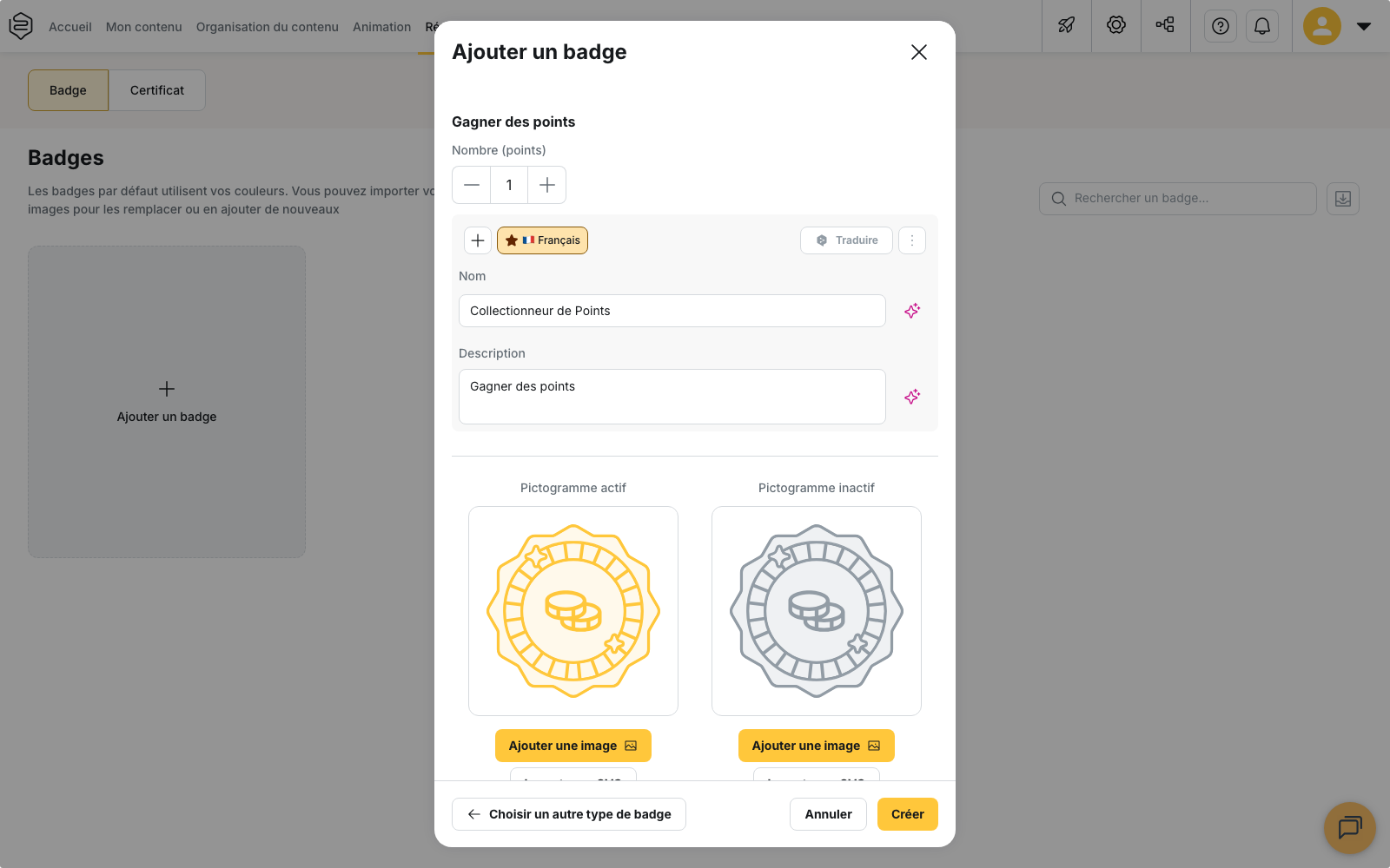 L'écran de configuration d'un badge de comportement
