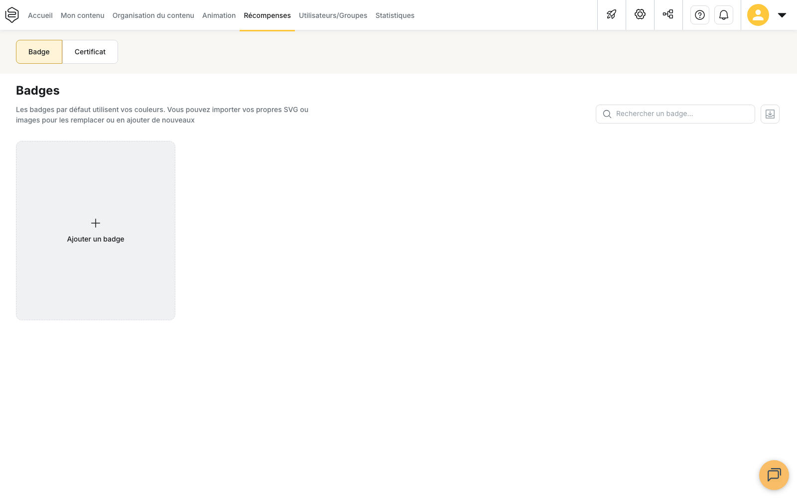 La page Récompenses > Badge du back-office