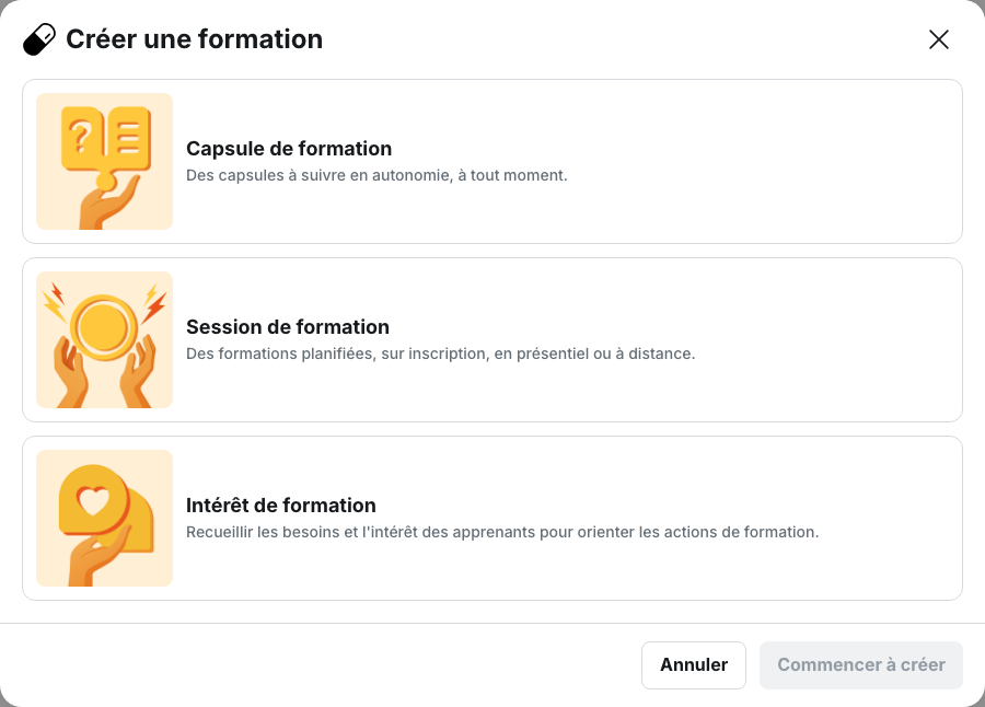 Mon contenu › Mes capsules : la modale « Créer une formation » et sa troisième carte, « Intérêt de formation »