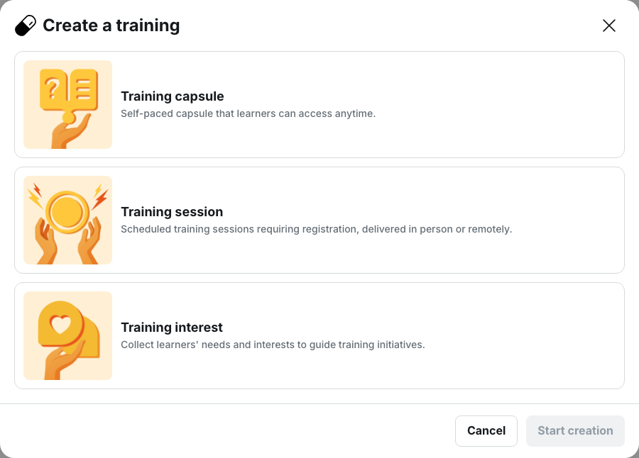 My content › My capsules, the "Create a training" modal and its three types