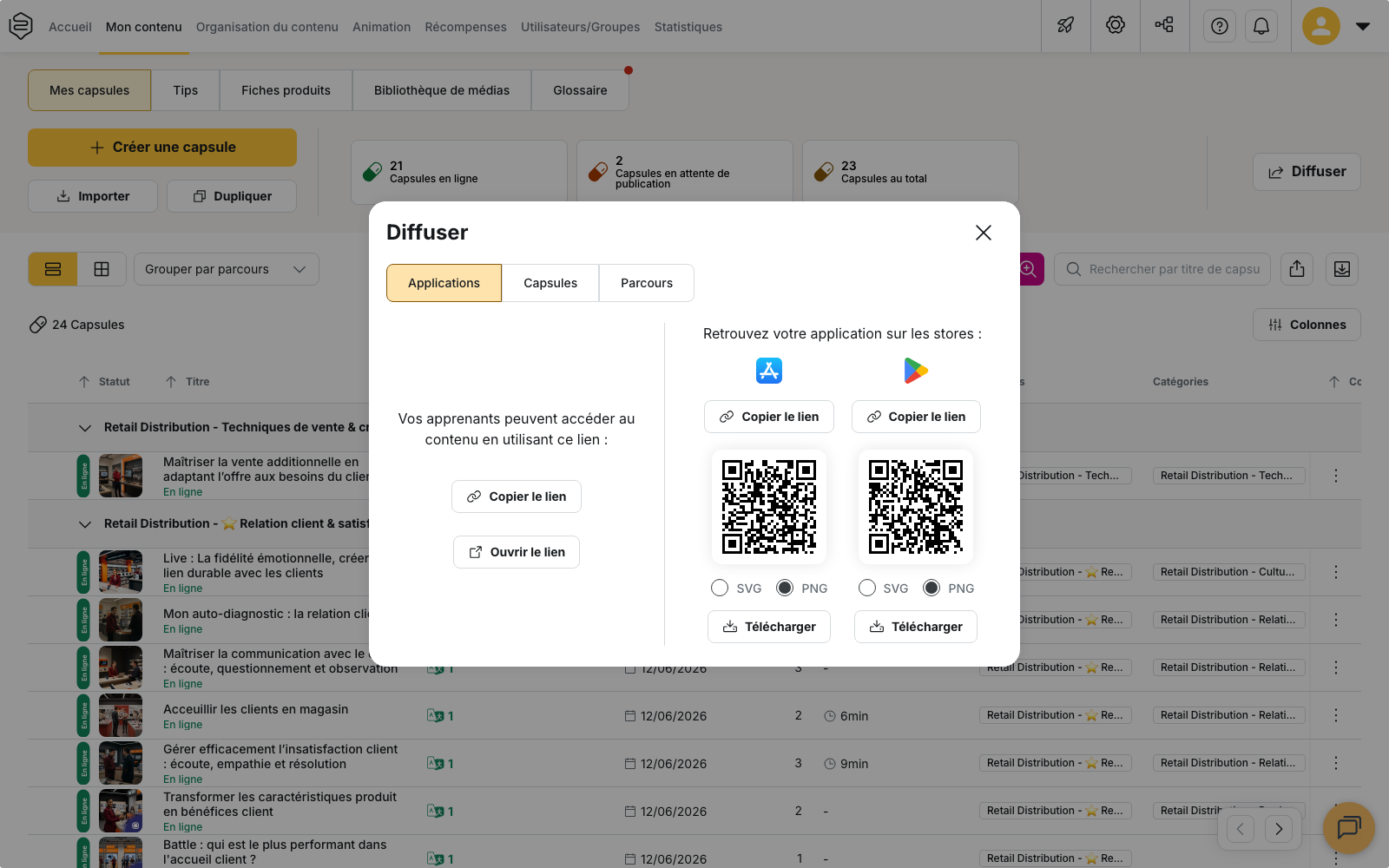La modale « Diffuser » ouverte sur l’onglet « Applications » : les onglets « Applications », « Capsules » et « Parcours » déterminent ce que vous partagez
