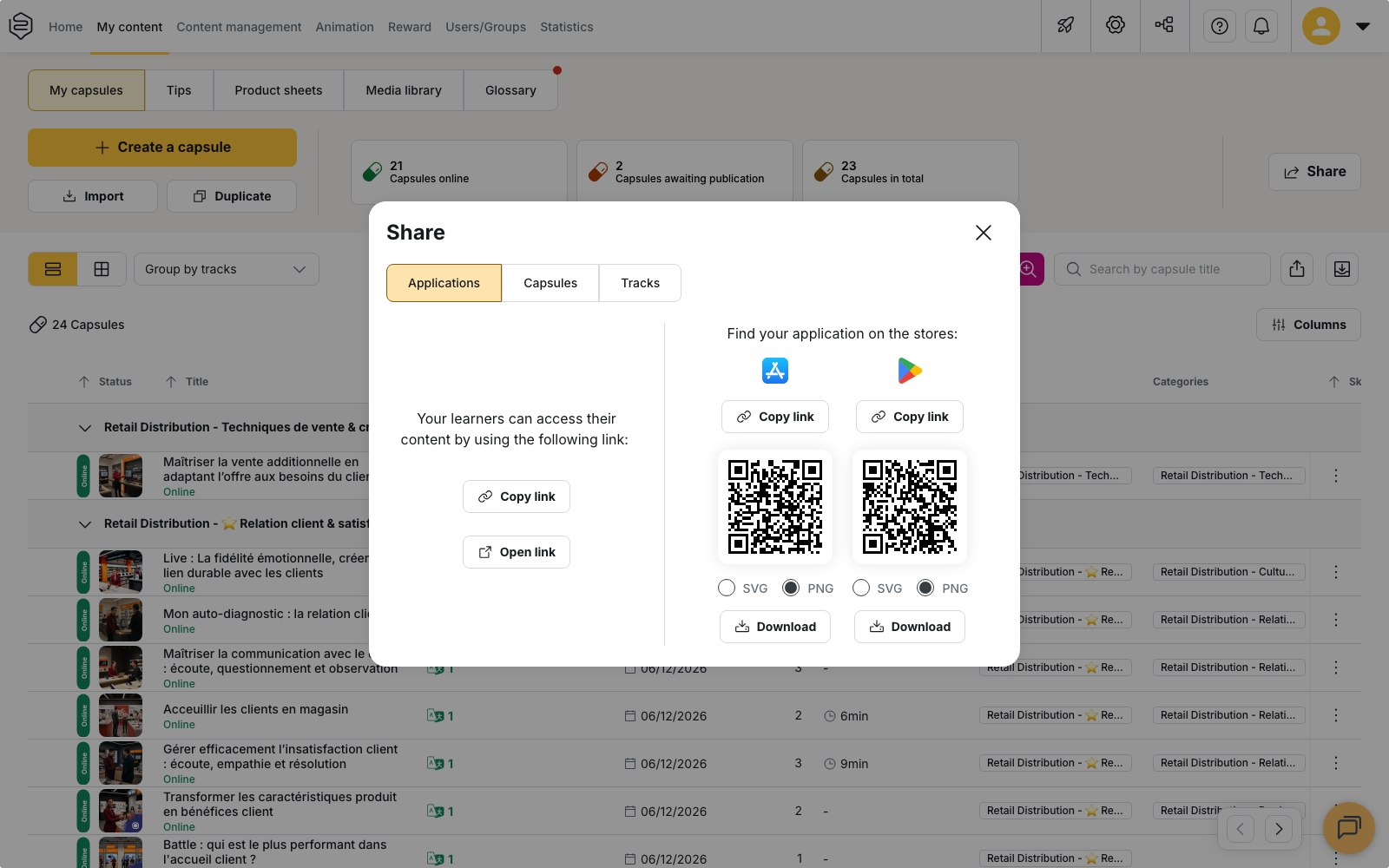 A capsule's Share dialog: link, QR code and SCORM