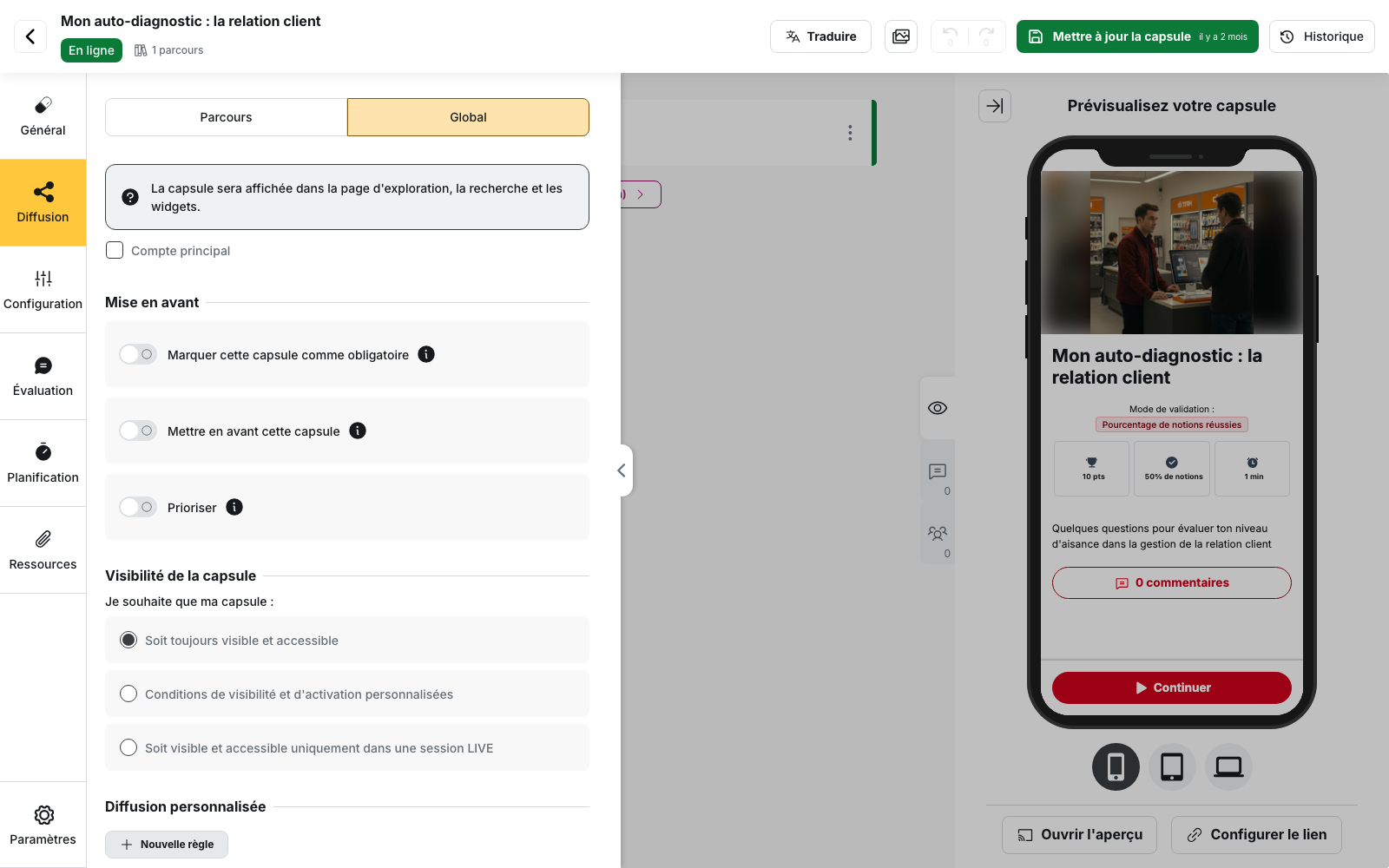 L’éditeur de capsule › Diffusion › Global : la section Mise en avant, avec le bouton « Prioriser »