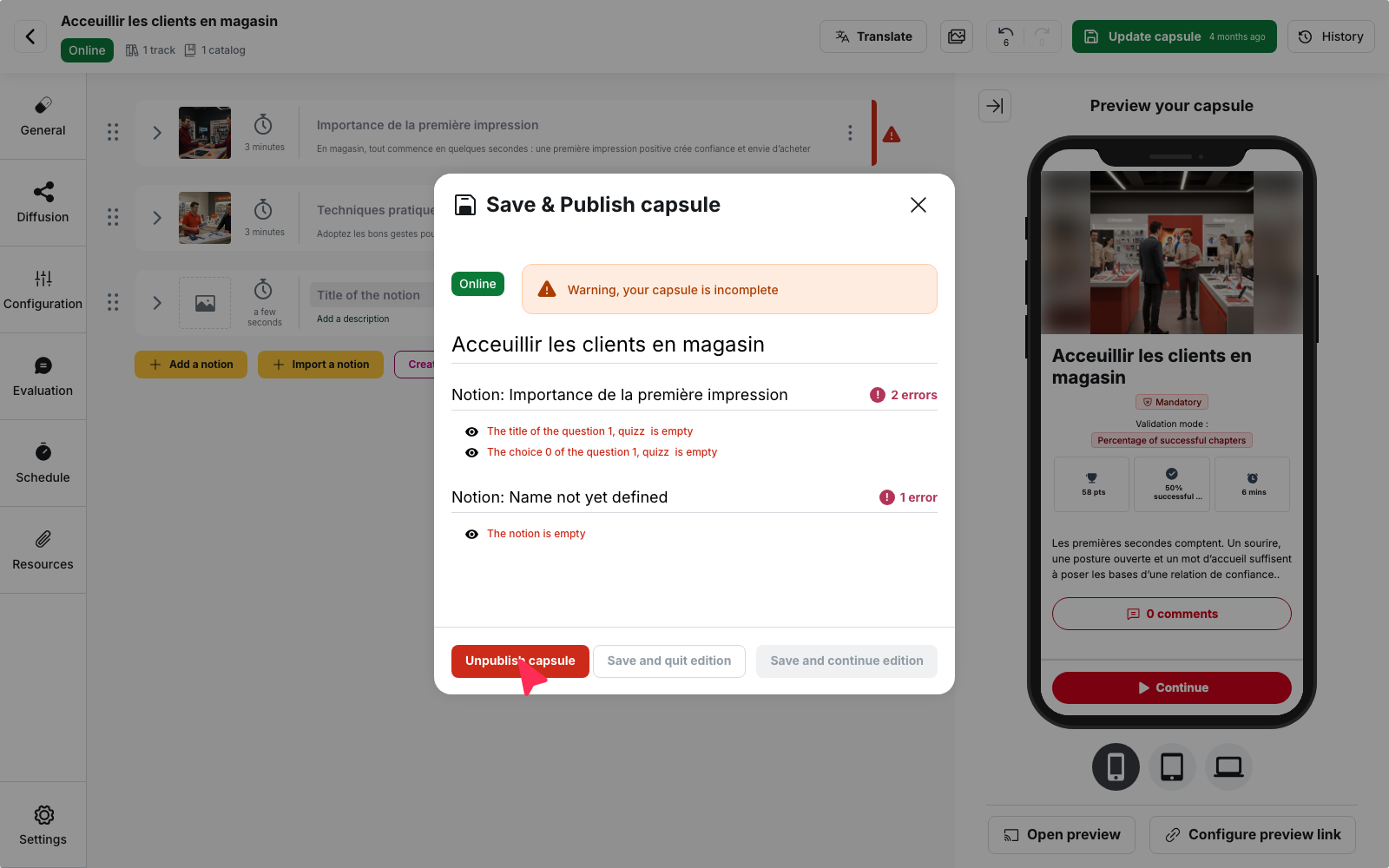 The "Save & Publish capsule" panel of an "Online" capsule holding errors: "Save and quit edition" and "Save and continue edition" are greyed out, only "Unpublish capsule" remains active