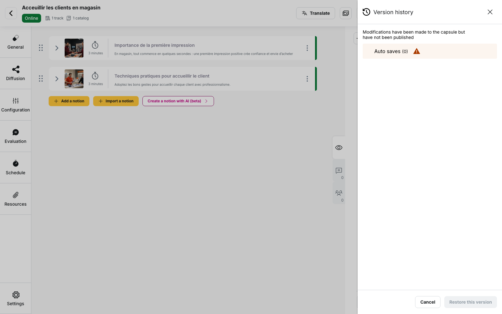 Capsule editor with the Version history panel open on the right, showing the Auto saves block