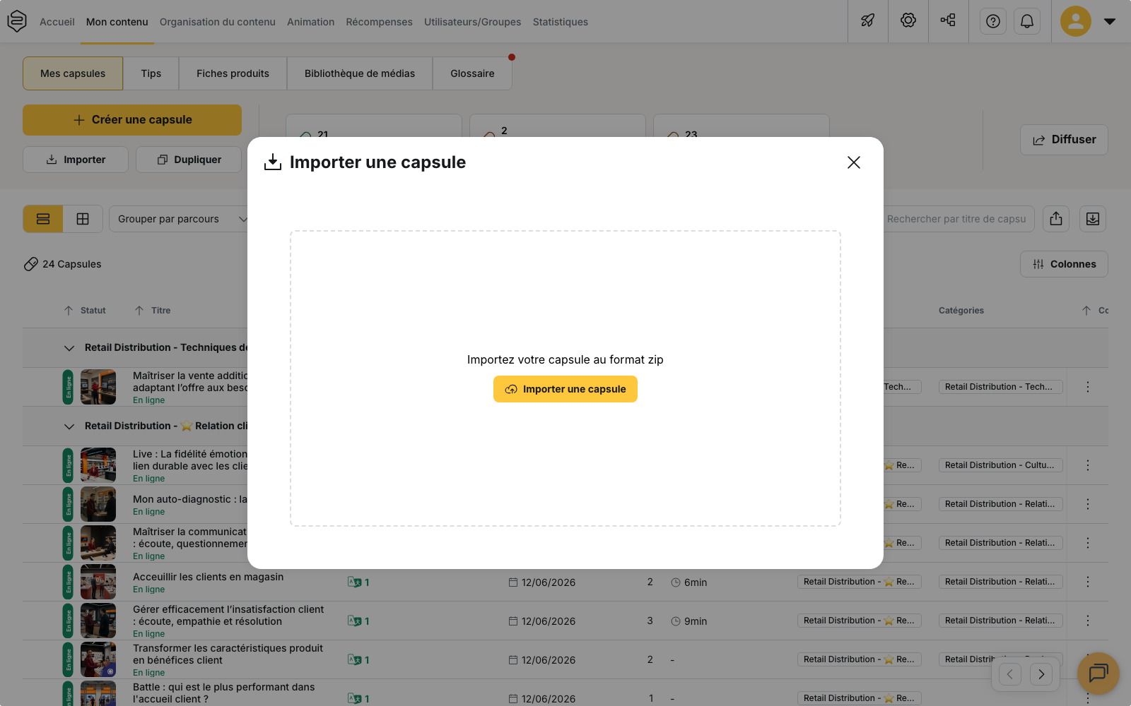 Mon contenu › Mes capsules, la fenêtre « Importer une capsule » et sa zone de dépôt