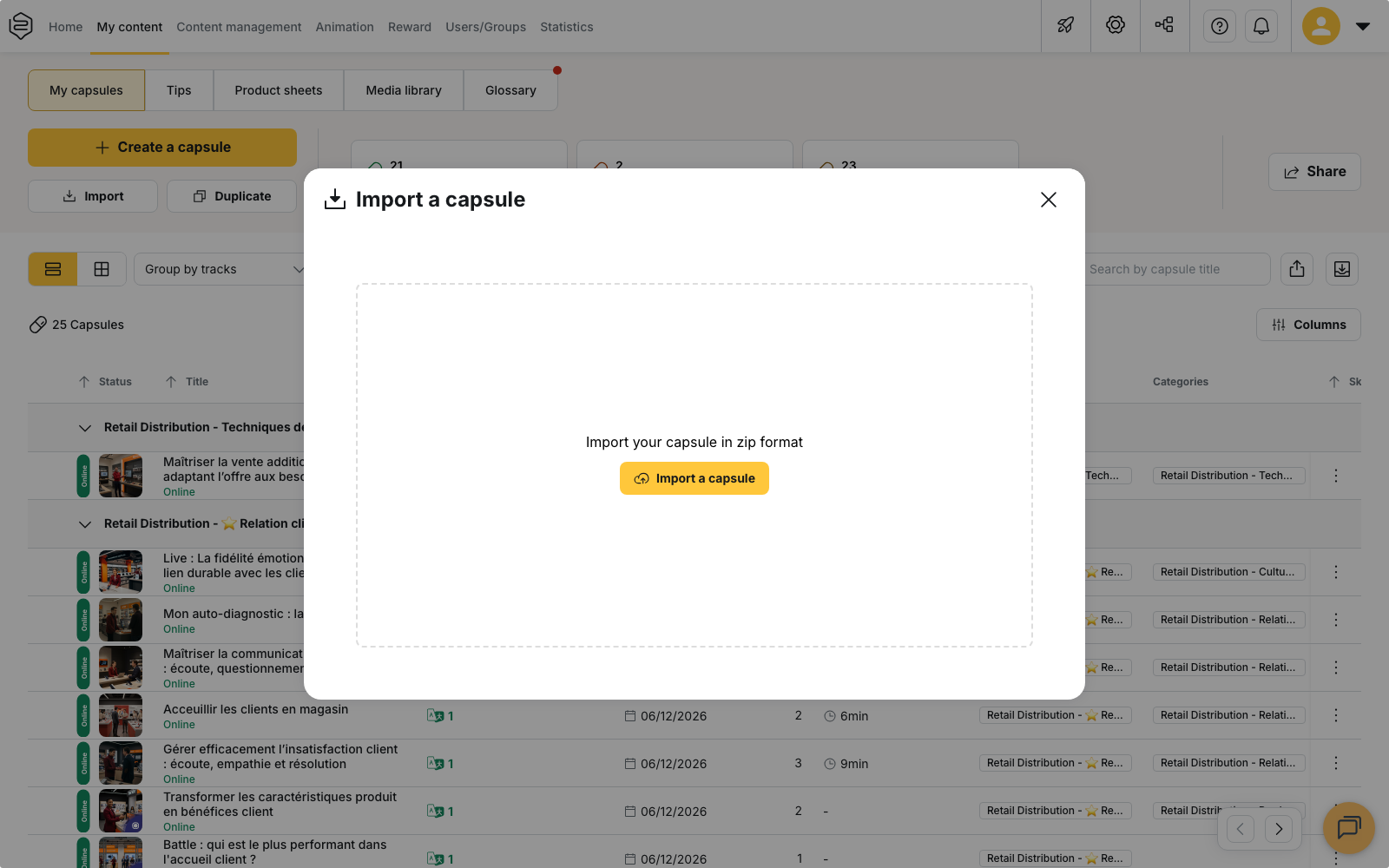 My content › My capsules, the "Import a capsule" dialog and its drop area