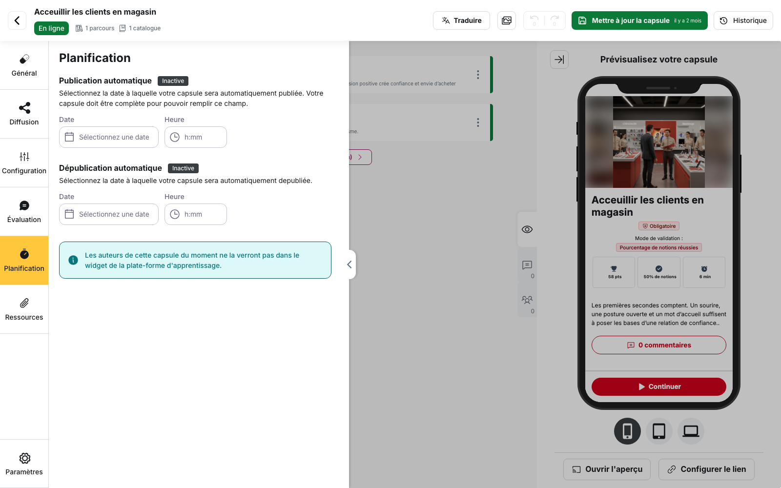 Éditeur de capsule, onglet Planification : les blocs « Publication automatique » et « Dépublication automatique », chacun avec un champ Date et un champ Heure