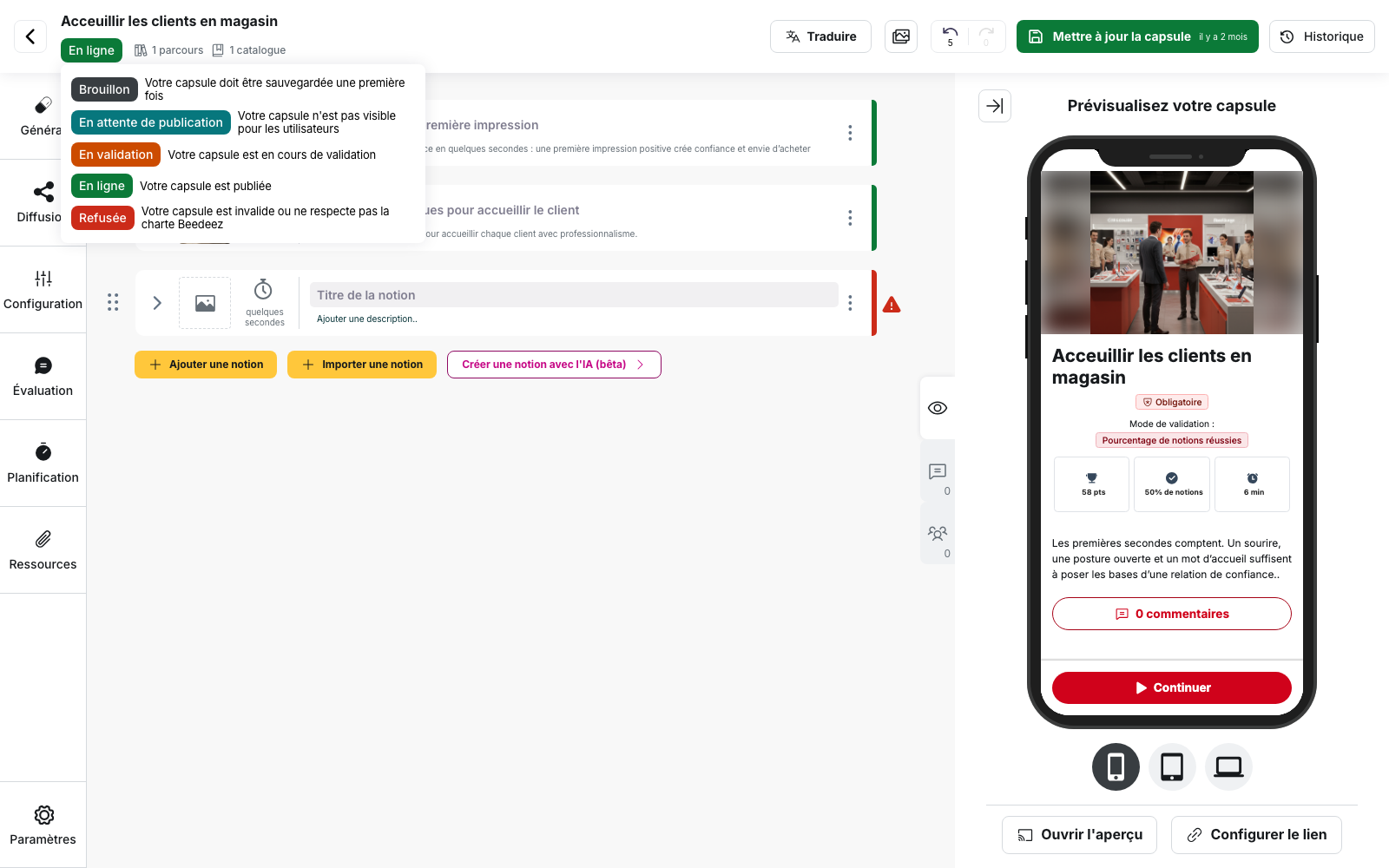 Mon contenu › Mes capsules, éditeur d'une capsule : la légende des cinq statuts, affichée au survol de l'étiquette en haut à gauche