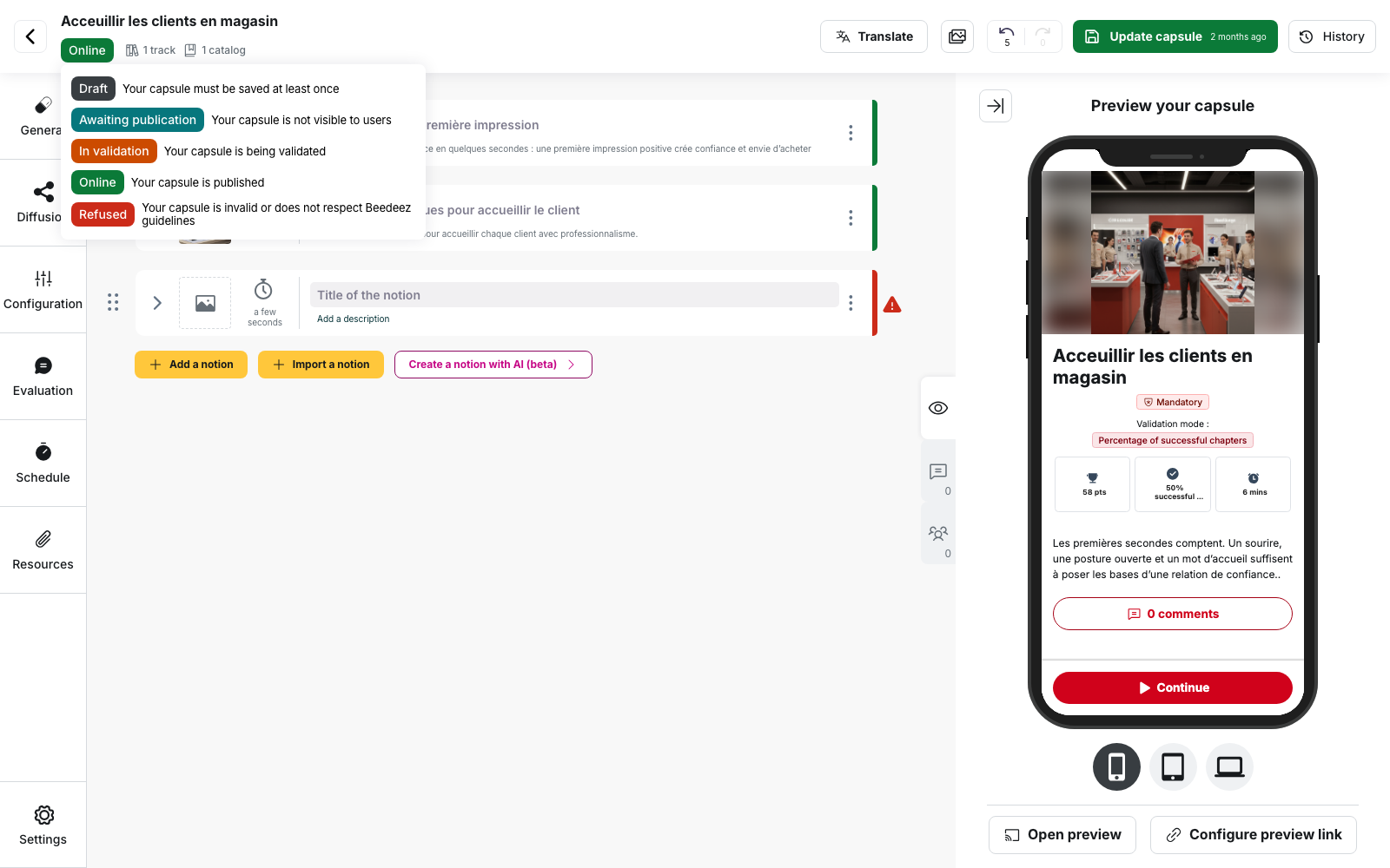 My content, capsule editor: the five-status legend, displayed by hovering the status tag