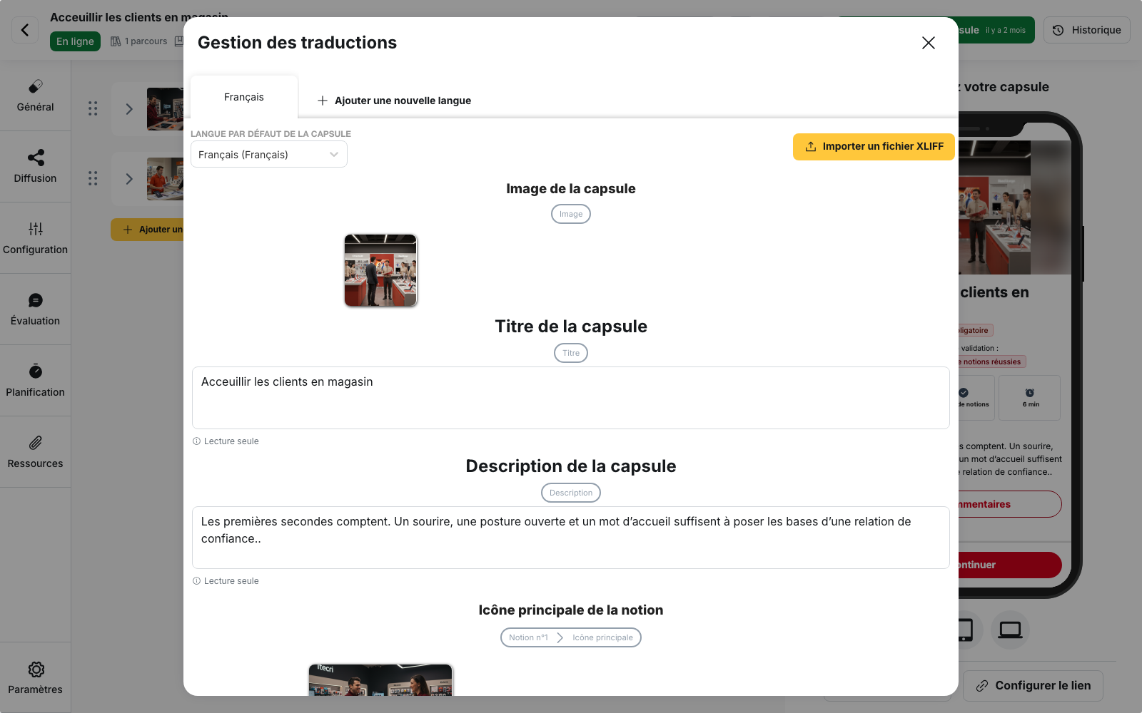 La modale « Gestion des traductions » d’une capsule : onglet de la langue par défaut, sélecteur « Langue par défaut de la capsule » et bouton « Importer un fichier XLIFF »