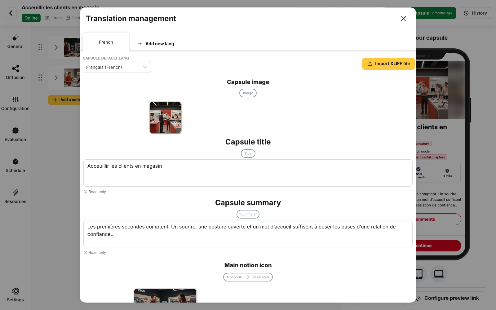 A capsule's Translation management modal: the default-language tab, the Capsule default lang selector and the Import XLIFF file button