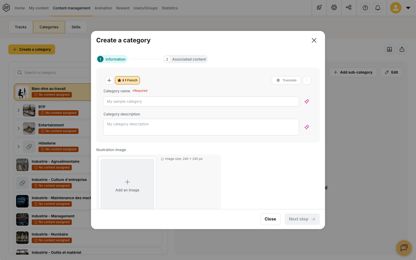 Content management > Categories: the category tree and the Create a category dialog on the Information step
