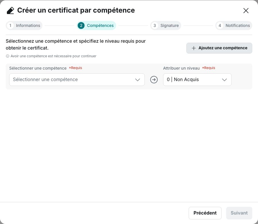 Récompenses › Certificat : l’étape « Compétences », une ligne associant « Sélectionner une compétence » et « Attribuer un niveau », ce dernier pré-rempli sur « 0 | Non Acquis »