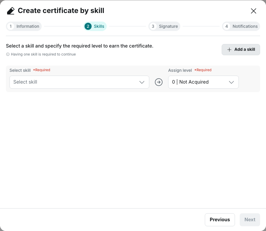 Reward › Certificate: the "Skills" step, one row pairing "Select skill" with "Assign level", the latter pre-filled on "0 | Not Acquired"