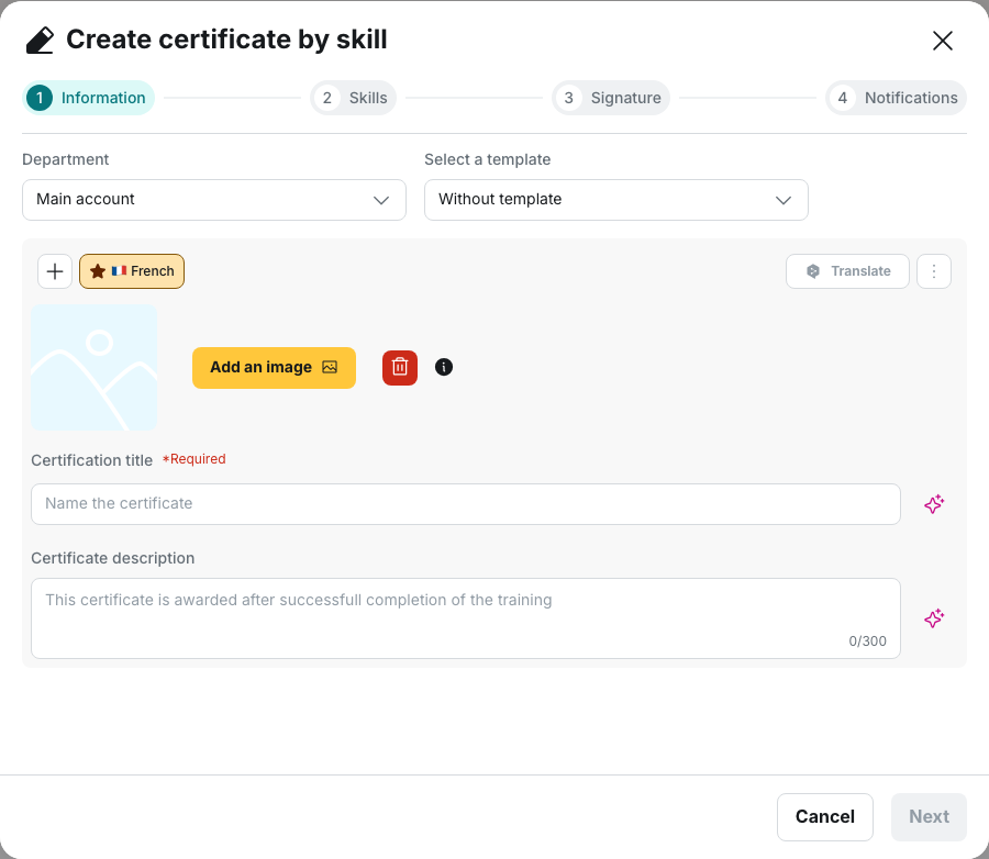 Reward › Certificate: the "Create certificate by skill" window and its four steps: Information, Skills, Signature, Notifications