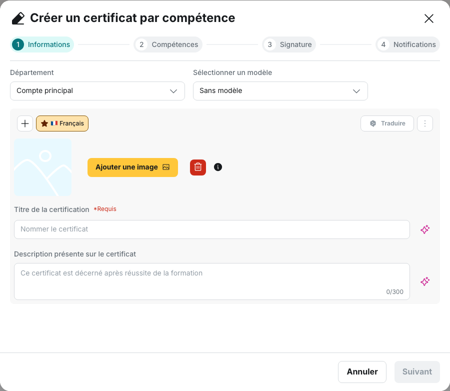 Récompenses › Certificat : la fenêtre « Créer un certificat par compétence » et ses quatre étapes, Informations, Compétences, Signature, Notifications