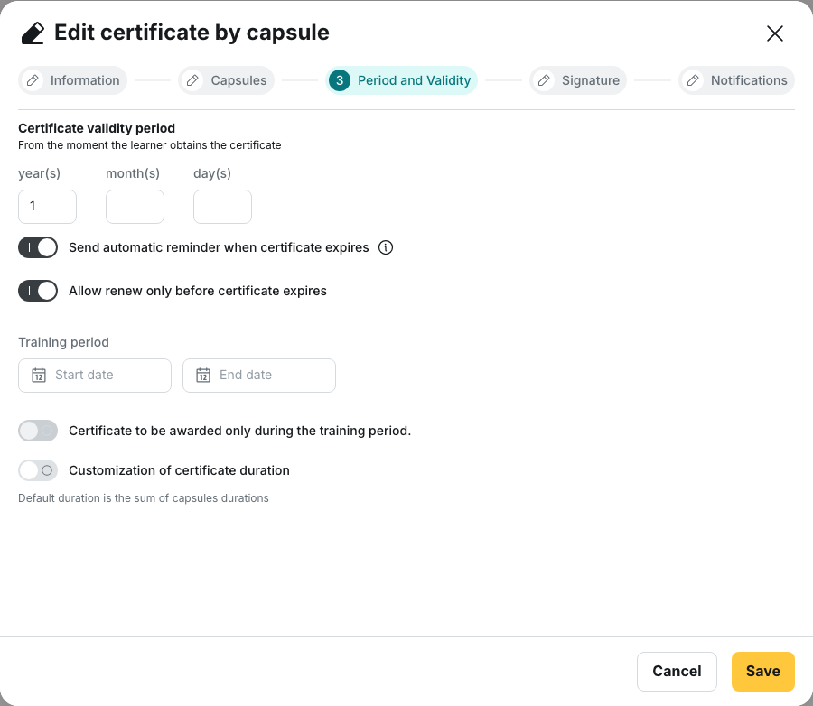 Reward › Certificate: the "Period and Validity" step of a capsule-based certificate, with the duration in year(s)/month(s)/day(s), the automatic reminder and early renewal