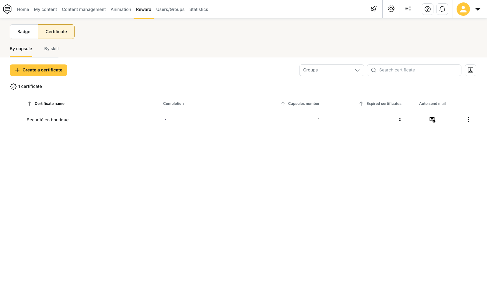 Reward › Certificate: the "By capsule" and "By skill" tabs, and the "Create a certificate" button