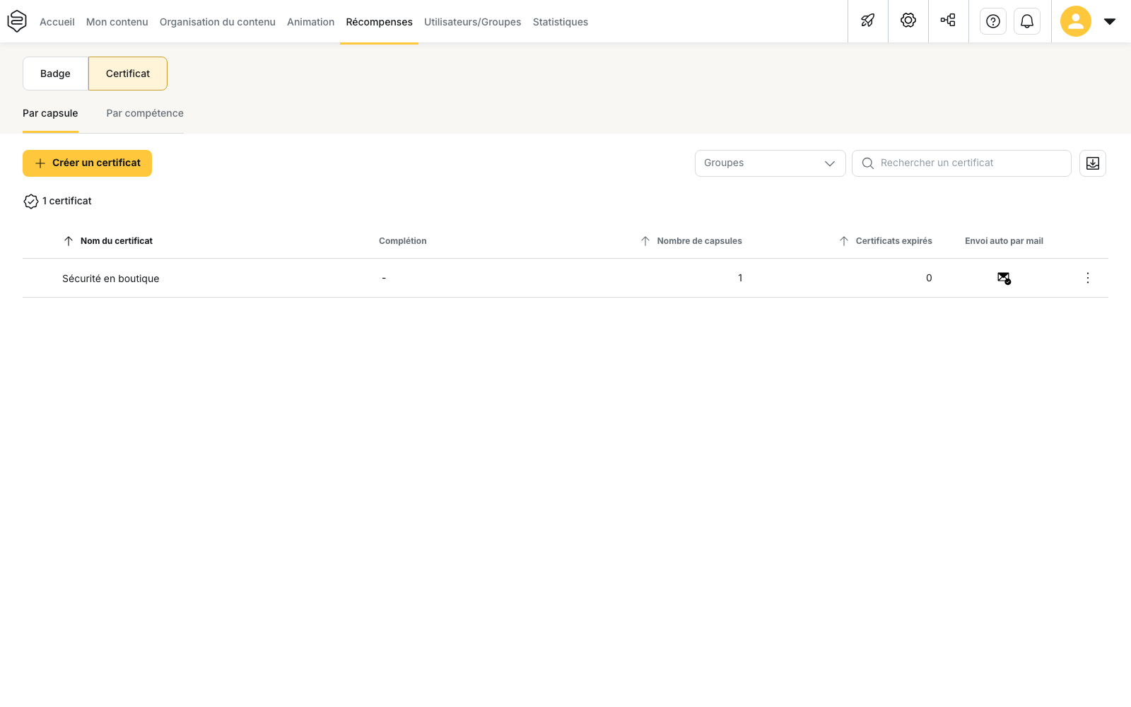 Récompenses › Certificat : les onglets « Par capsule » et « Par compétence », et le bouton « Créer un certificat »