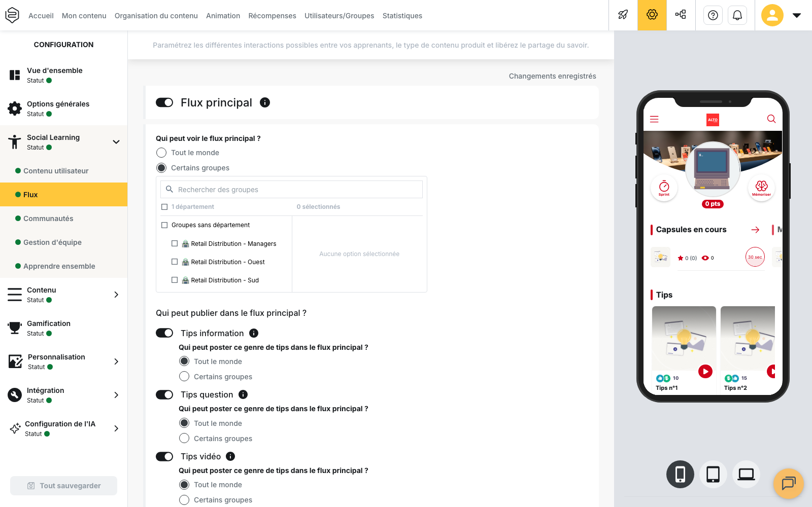 La page de configuration du flux : visibilité et droits de publication