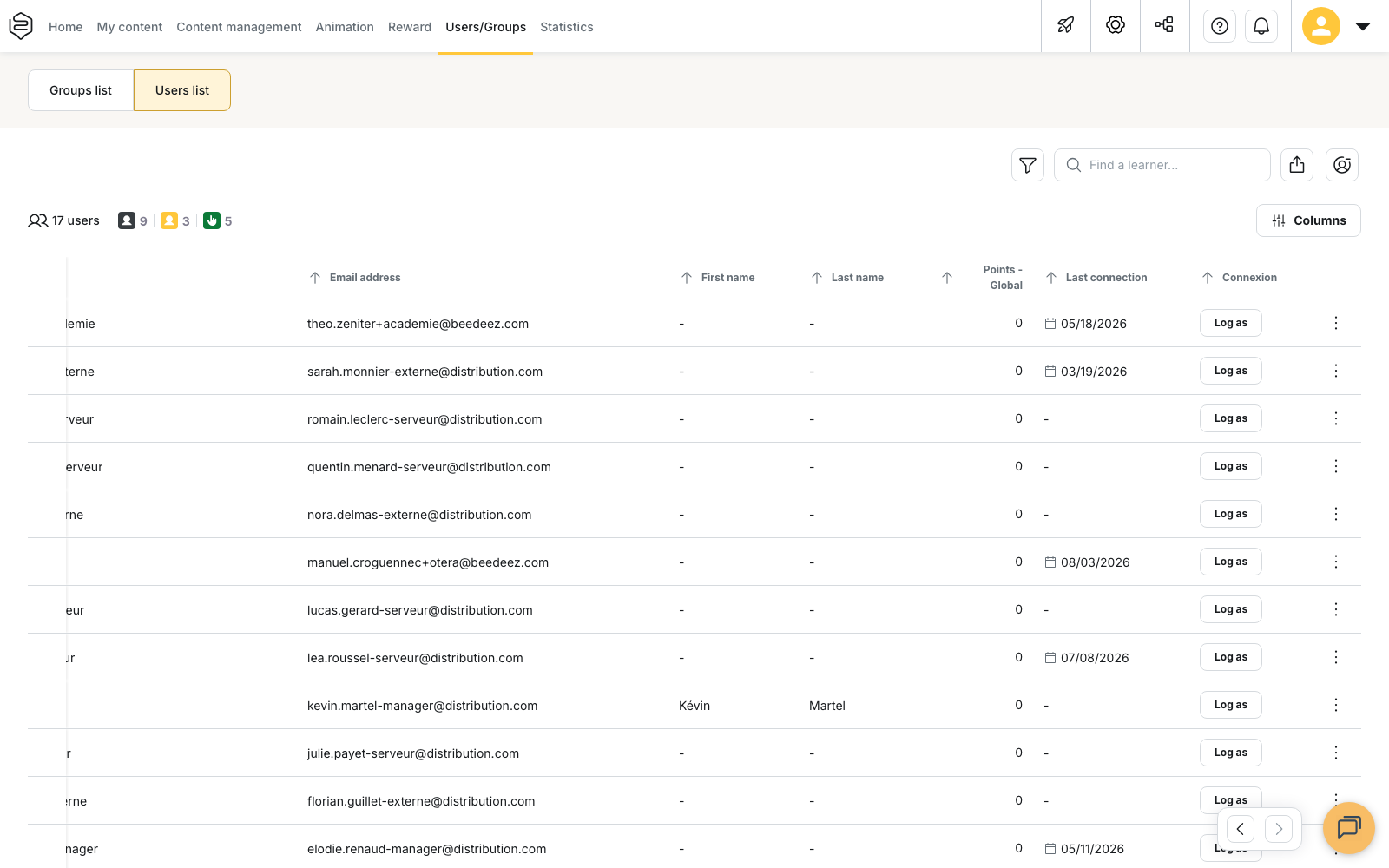 Users/Groups › Users list: the "Connexion" column and the "Log as" button on a learner's row, to the right of "Last connection"