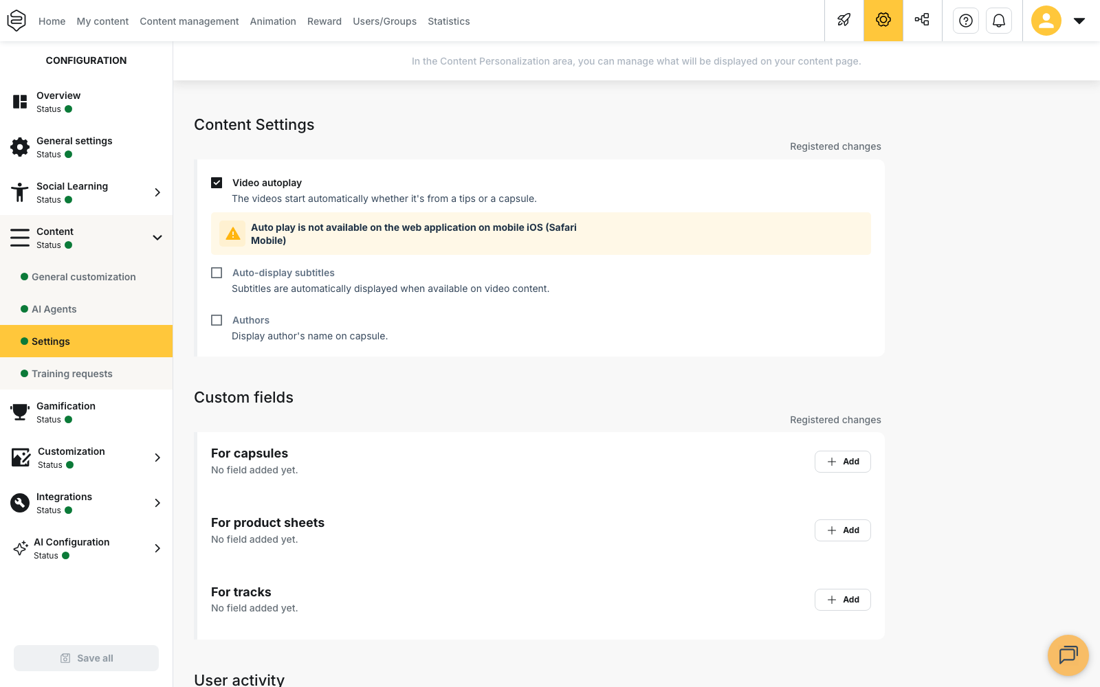 Configuration › Content › Settings: the "Custom fields" block and its three sub-blocks