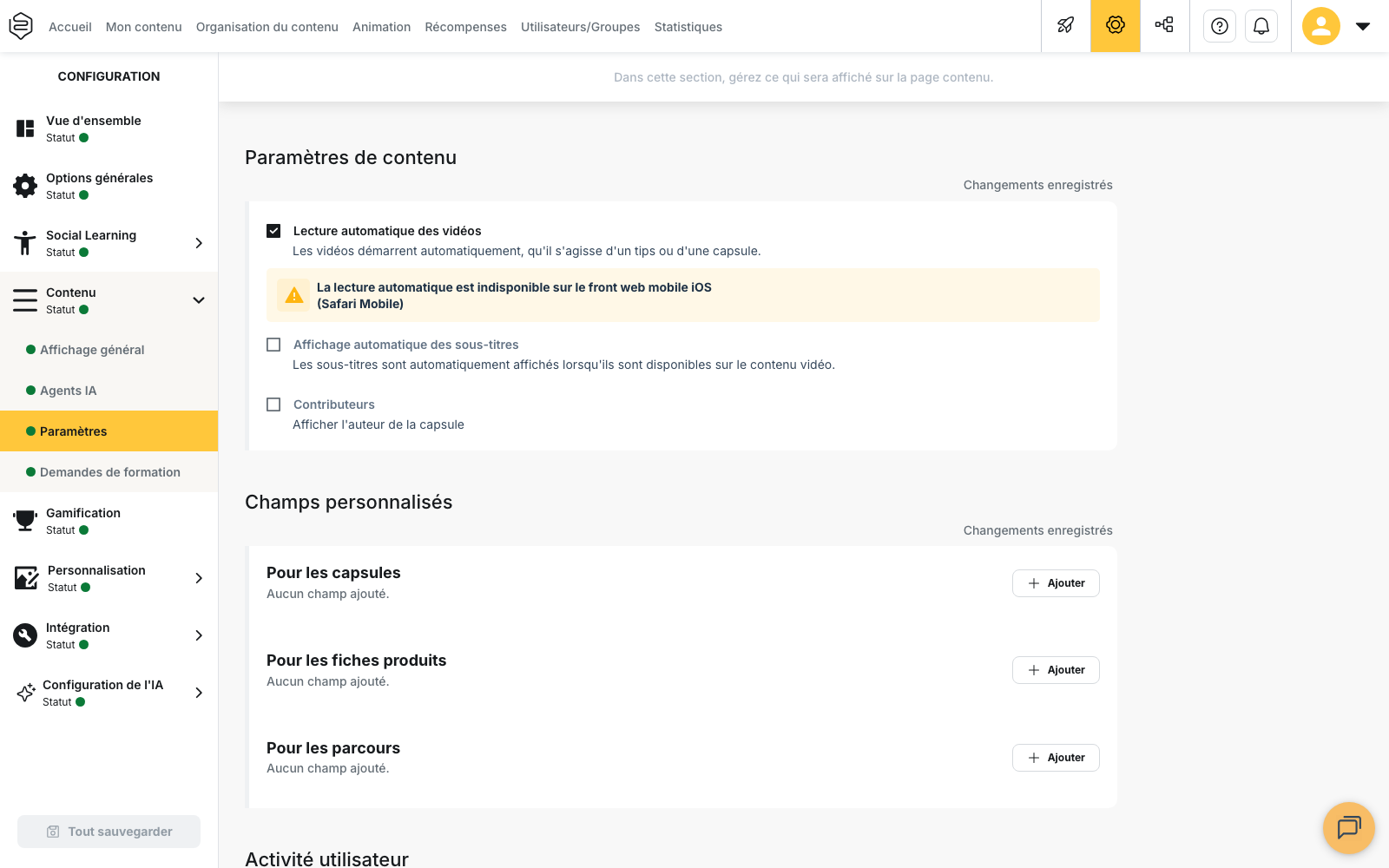 Configuration › Contenu › Paramètres : le bloc « Champs personnalisés » et ses trois sous-blocs