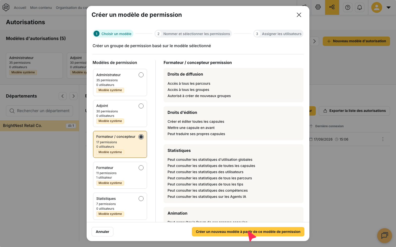 Fenêtre « Créer un modèle de permission », étape « Choisir un modèle » : le profil Formateur / concepteur est sélectionné et ses droits s’affichent à droite