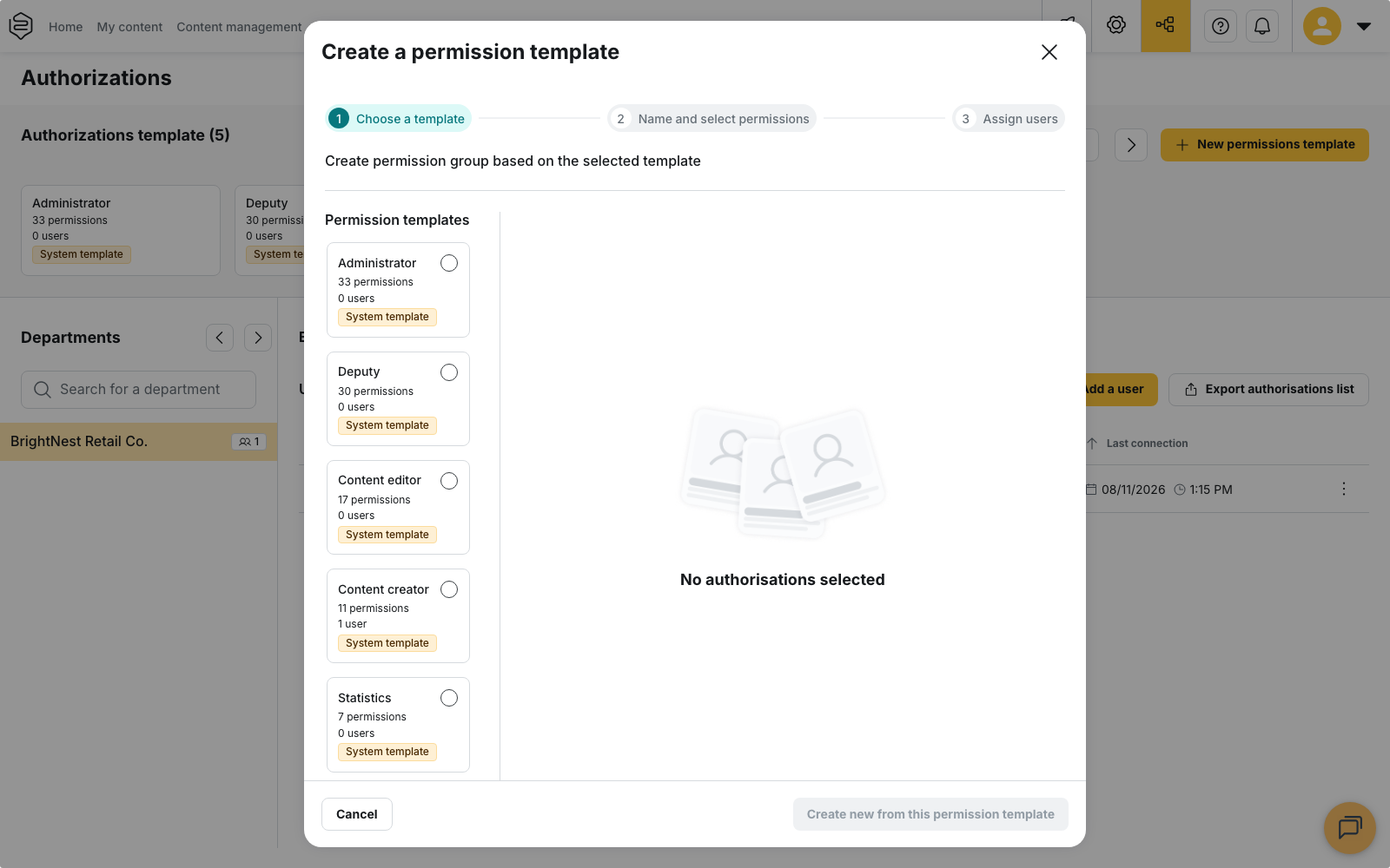 Create a permission template modal, step 1 Choose a template: the Permission templates list serves as the starting point, before the Create new from this permission template button